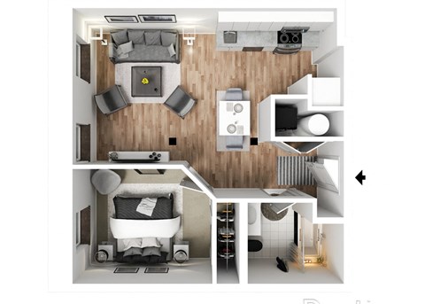 Floor plan for 1 bed, 1 bath, 543 sqft